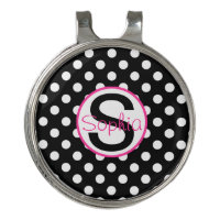 Pink and Black, Name and Initial with Polka Dots Golf Hat Clip