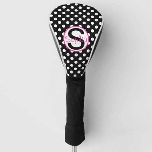 Pink and Black Name and Initial with Polka Dots Golf Head Cover