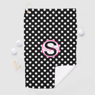 Pink and Black, Name and Initial with Polka Dots Golf Towel