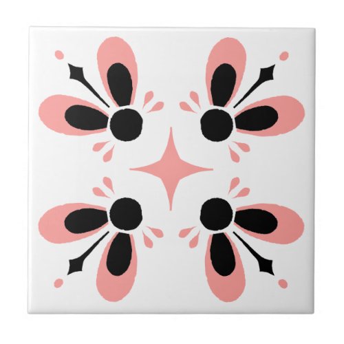 Pink and Black on White Intricate Floral pattern Ceramic Tile