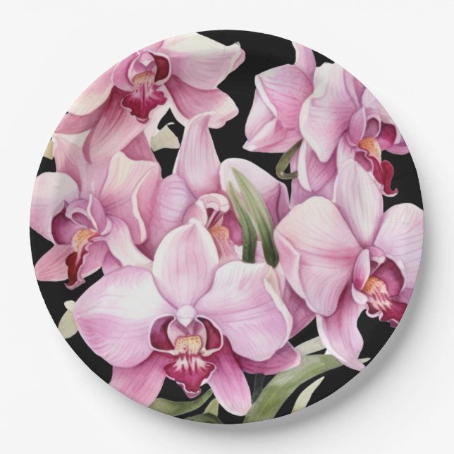 Pink and Black Orchids Wedding Paper Plates (Front)