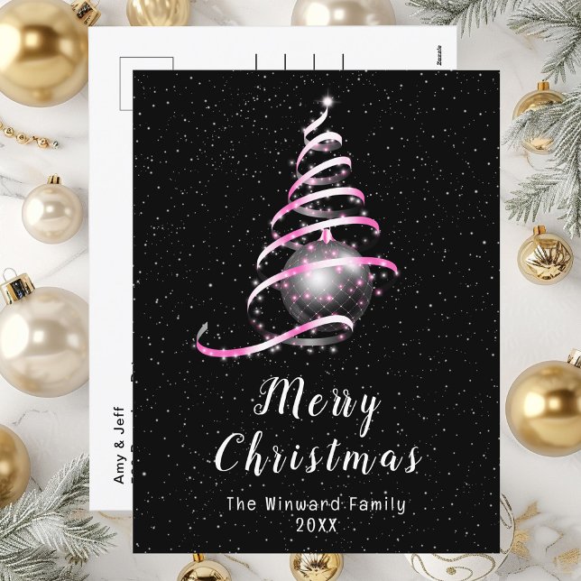 Pink and Black Ornament Merry Christmas Holiday Postcard (Creator Uploaded)