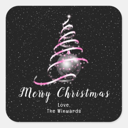 Pink and Black Ornament Merry Christmas Square Sticker