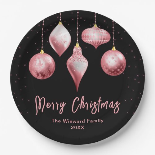 Pink and Black Ornaments Merry Christmas Paper Plates