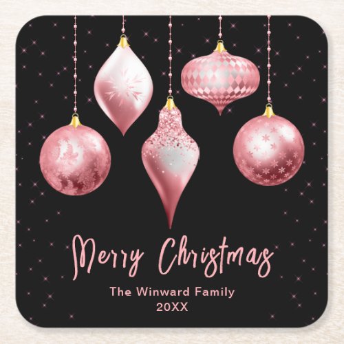 Pink and Black Ornaments Merry Christmas Square Paper Coaster