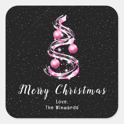 Pink and Black Ornaments Merry Christmas Square Sticker