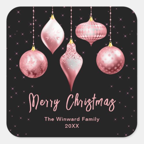 Pink and Black Ornaments Merry Christmas Square Sticker