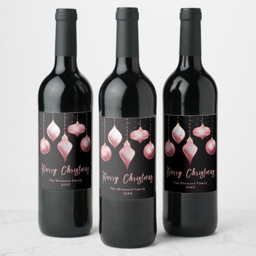 Pink and Black Ornaments Merry Christmas Wine Label