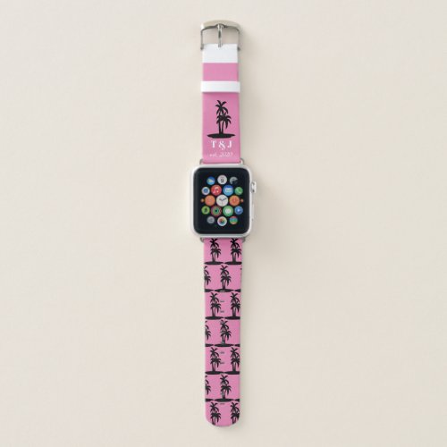 Pink and Black Palm Tree Monogram Wedding Date Apple Watch Band