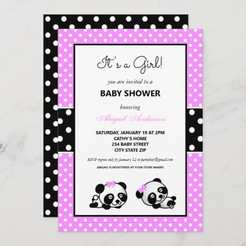 Pink and Black Panda Bear Baby Shower Invitation