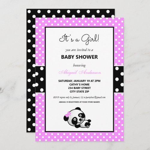 Pink and Black Panda Bear Baby Shower Invitation