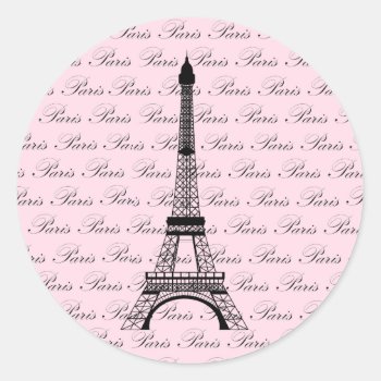 Pink And Black Paris Eiffel Tower Classic Round Sticker by BeachBumFamily at Zazzle