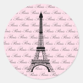 Pink And Black Paris Eiffel Tower Classic Round Sticker by BeachBumFamily at Zazzle