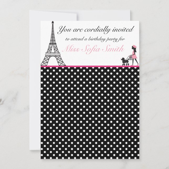 Pink and Black Paris Girl Birthday Invitation (Front)