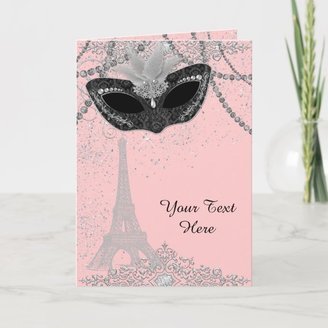 Pink and Black Paris Masquerade Party Card (Front)