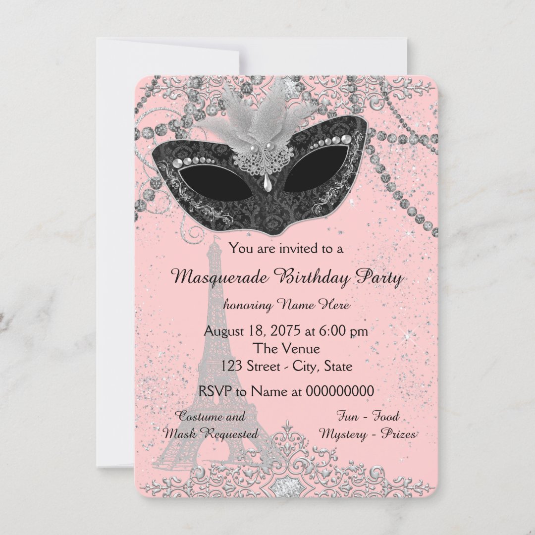 Pink and Black Paris Masquerade Party Invitation | Zazzle