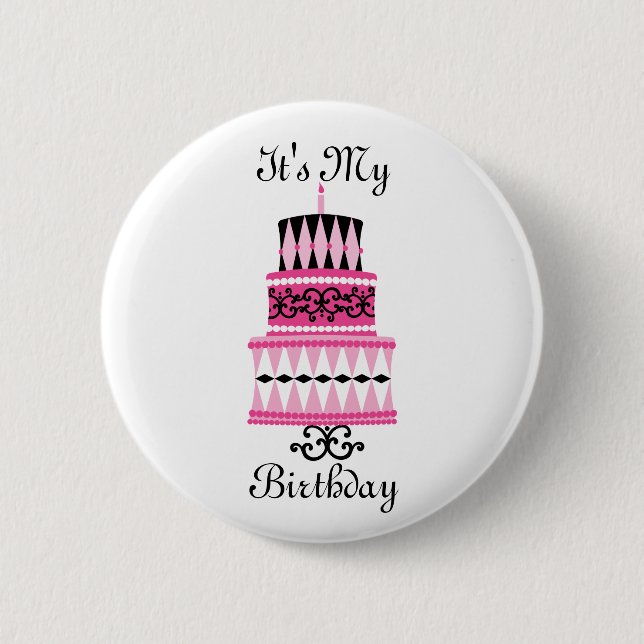 Pink and Black Party Cake Button (Front)