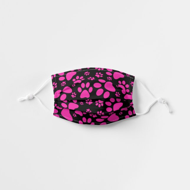 Pink and Black Paw-Prints Kids' Cloth Face Mask (Front, Unfolded)