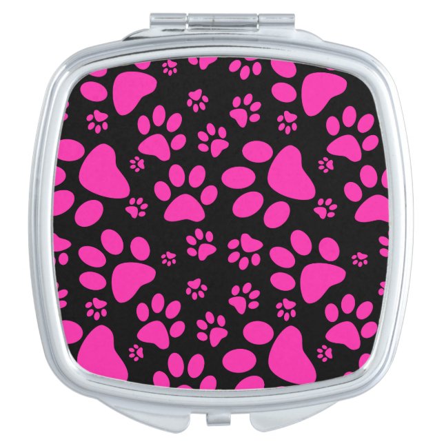Pink and Black Paw Prints Makeup Mirror (Front)