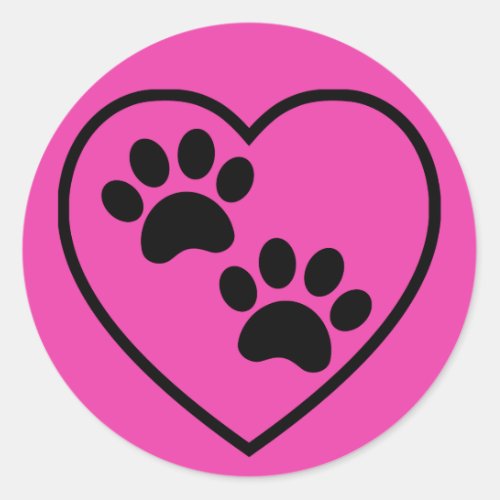 Pink and Black Paw Prints on Heart Classic Round Sticker