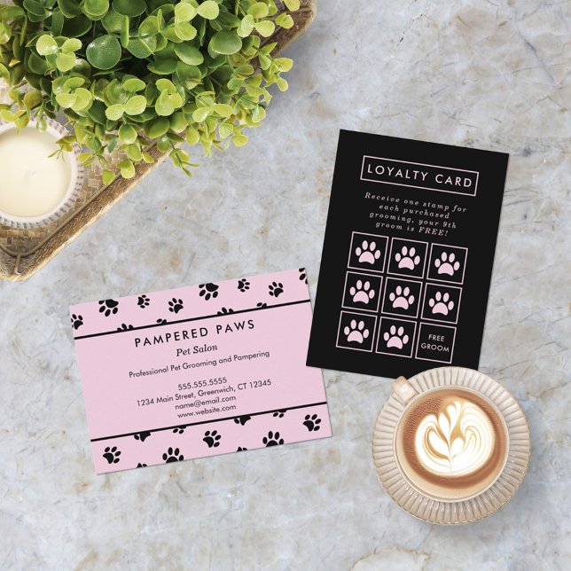 Pink and Black Paw Prints Professional Pet Salon Loyalty Card (Pink and Black Paw Prints Professional Pet Salon Loyalty Card (front and back))