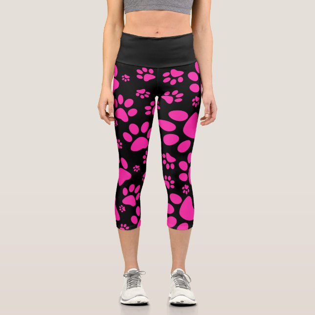 Pink and Black PawPrint Capri Leggings (Front)