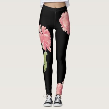 Pink And Black Peonie Leggings by K_Morrison_Designs at Zazzle