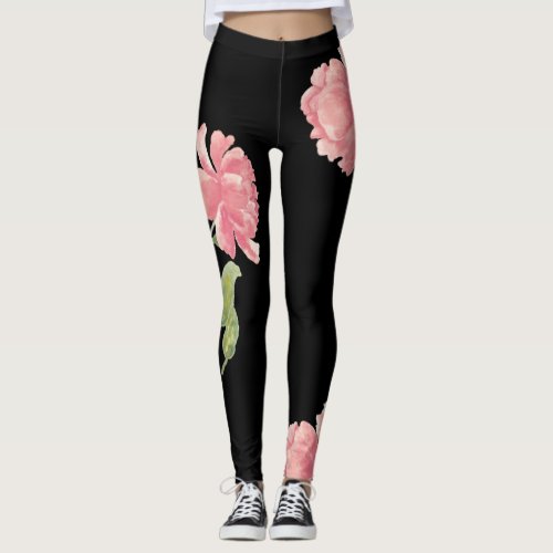 Pink And Black Peonie Leggings