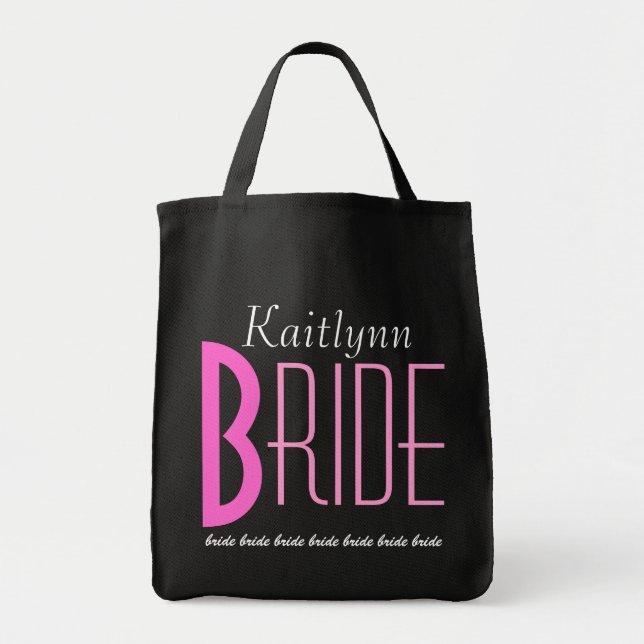 Pink and Black Personalized Bride Tote Bag (Front)