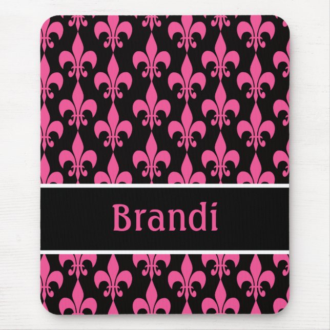 Pink and Black Personalized Fleur de Lis Mouse Pad (Front)