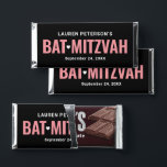 Pink and Black Personalized Girls Bat Mitzvah Hershey Bar Favors<br><div class="desc">Custom Bat Mitzvah Hershey's chocolate bar favors are designed to resemble the classic style of the iconic chocolate brand. Design features "Bat Mitzvah" in bold text with cute heart accent and wording that can be personalized with your daughter's name, the event date, and a simple thank you message on the...</div>