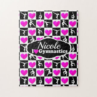 PINK AND BLACK PERSONALIZED GYMNAST DESIGN JIGSAW PUZZLE