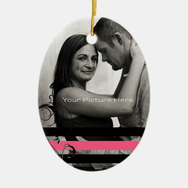 Pink and Black Photo Engagement Ceramic Ornament (Front)