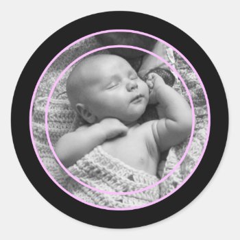 Pink And Black Photo Frame Classic Round Sticker by scribbleprints at Zazzle