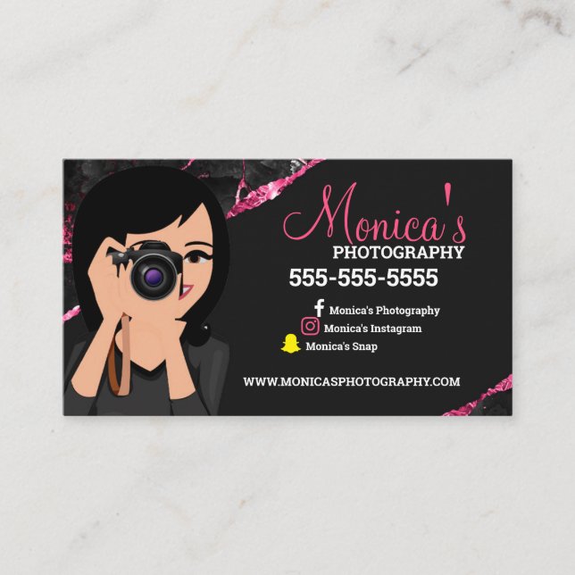 Pink and Black photographer lens Business card (Front)