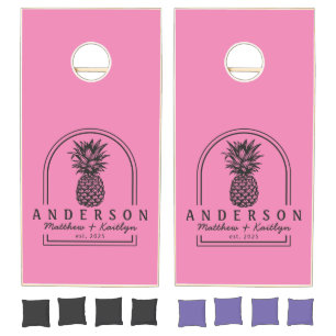 Pink and Black Pineapple Wedding Arch & Name Cornhole Set