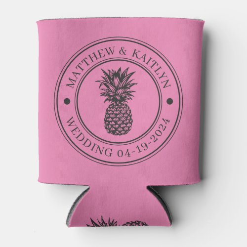 Pink and Black Pineapple Wedding Crest &Name Can Cooler