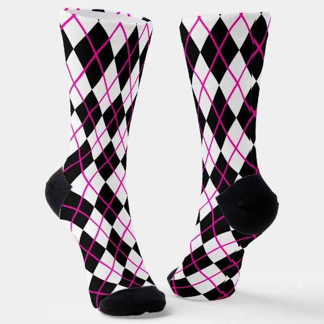 Pink and Black Plaid Argyle Diamond  Socks (Angled)