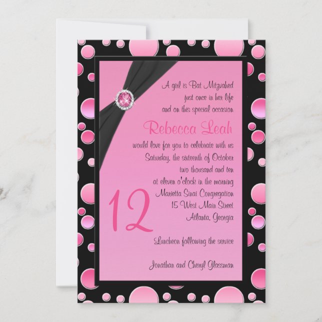 Pink and Black Polka Dot Bat Mitzvah Invite (Front)