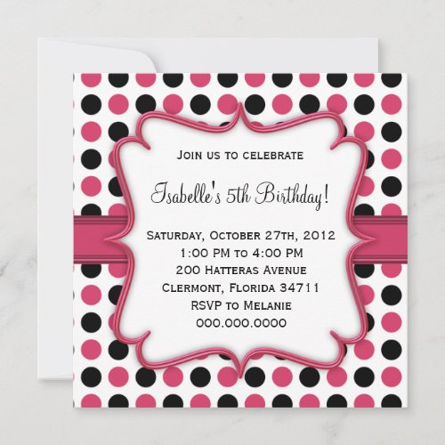 Pink and Black Polka Dot Birthday Invitation
