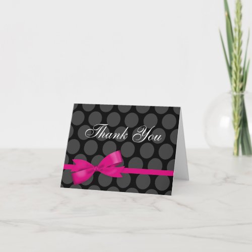 Pink and Black Polka Dot Bow Thank You Note Card