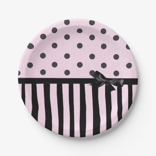 Pink and Black Polka Dot Striped Party Paper Plate