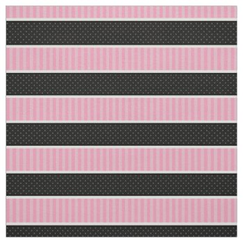 Pink And Black Polka Dot Stripes Pattern Fabric by VintageDesignsShop at Zazzle
