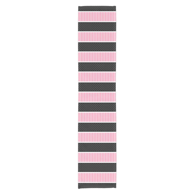 Pink and Black Polka Dot Stripes Pattern Short Table Runner (Front)