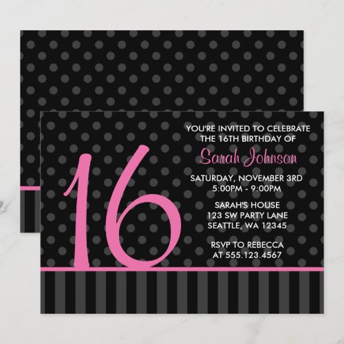 Pink and Black Polka Dot Stripes Sweet 16 Birthday Personalized Invitations