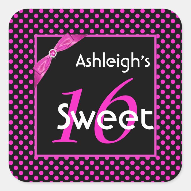 Pink and Black Polka Dot Sweet 16 Square Sticker (Front)