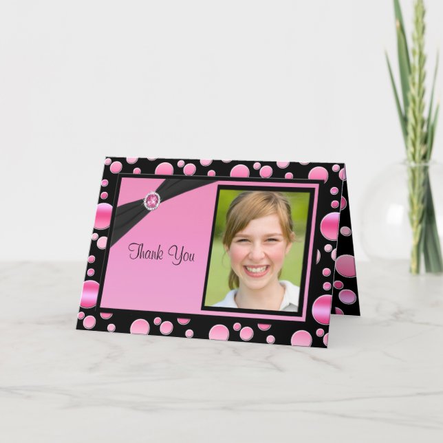 Pink and Black Polka Dot Thank You Card with Photo (Front)