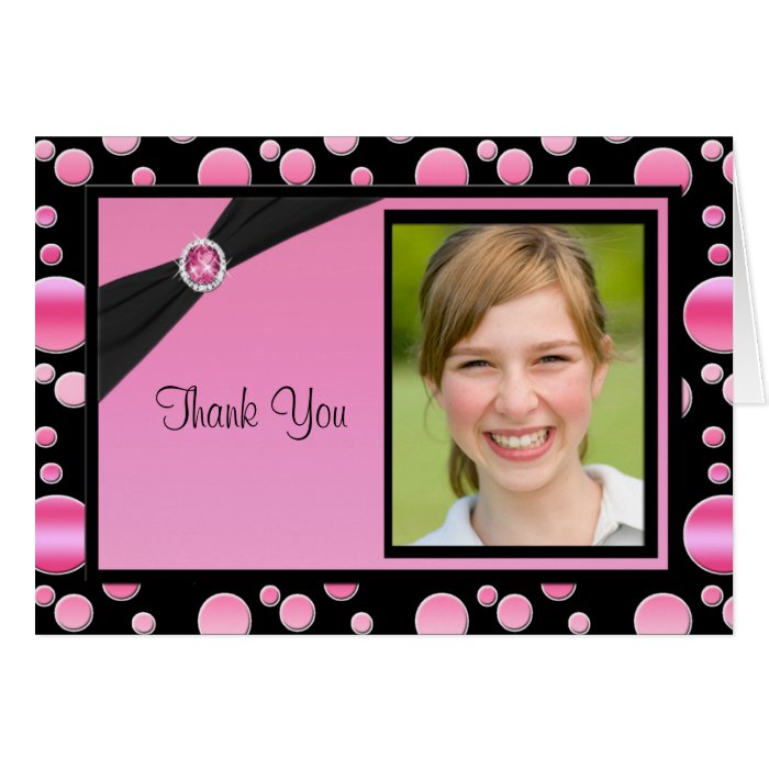 Pink and Black Polka Dot Thank You Card with Photo Greeting Cards