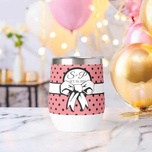 Pink and Black Polka Dot White Bow Personalized Thermal Wine Tumbler