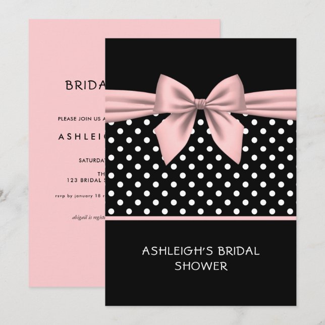 Pink and Black Polka Dot with Bow Bridal Shower In Invitation (Front/Back)